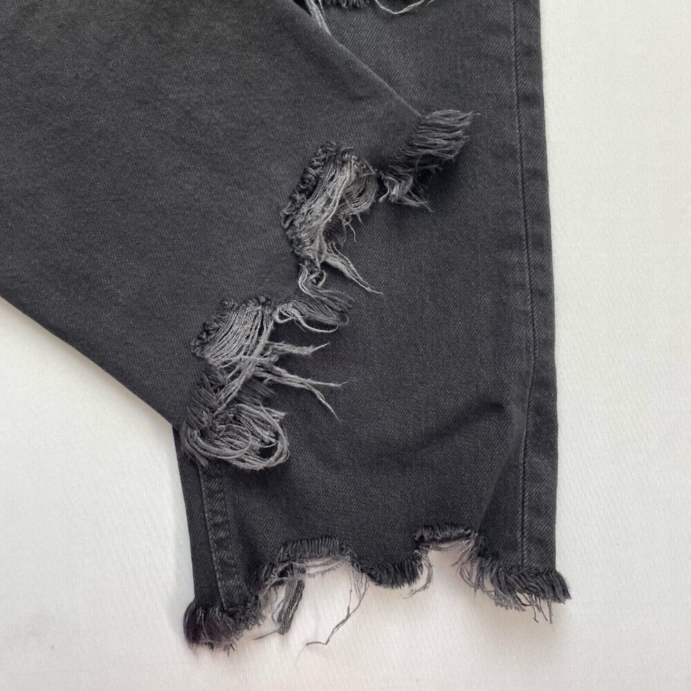 Free People Destroyed Straight Jeans 25 Distressed Black Denim High Rise Raw Hem - Picture 9 of 12